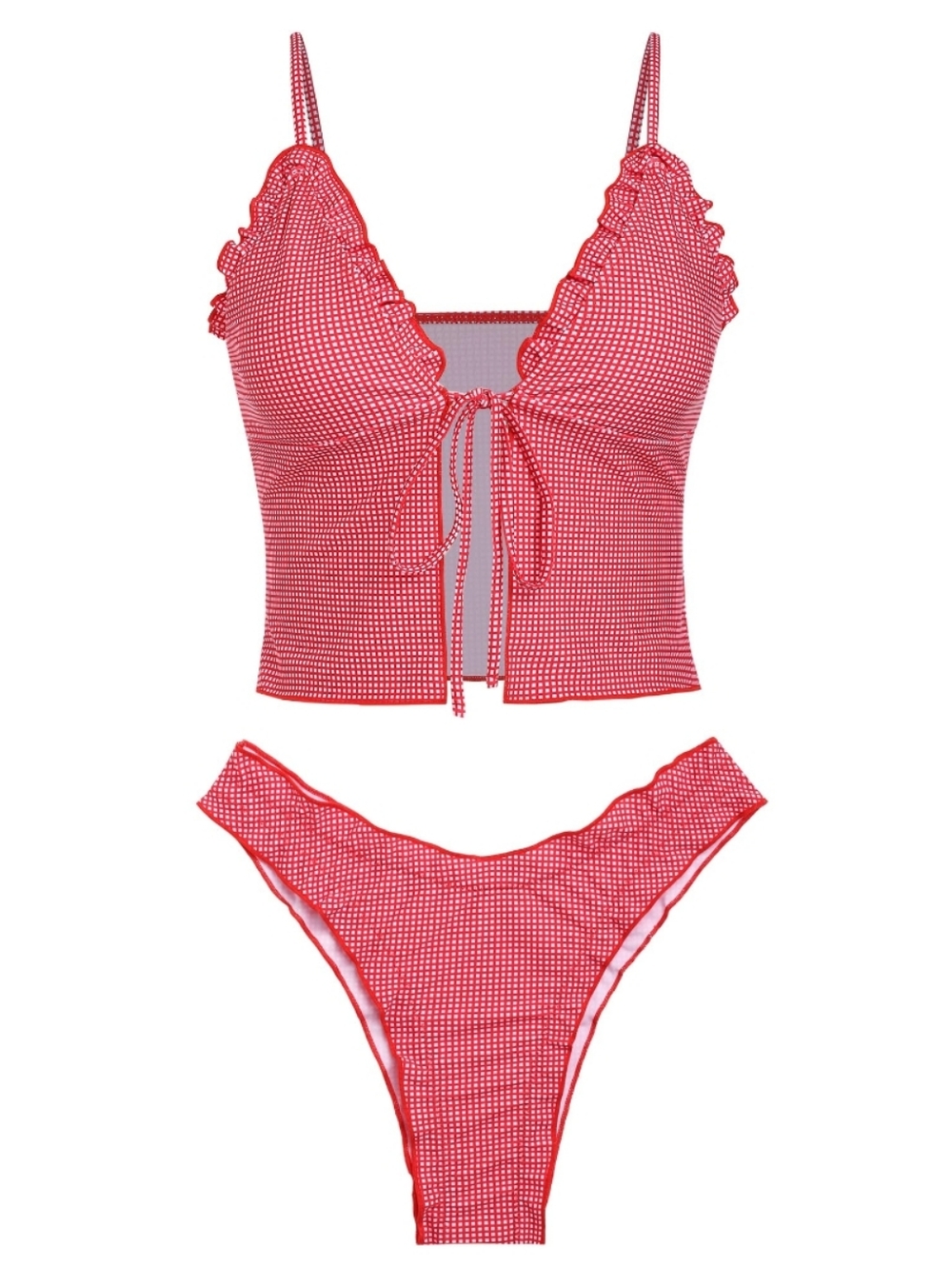 NWT Seamoly Bikini Set Tie Front Ruffle Swimsuit High Cut Two Piece Red - M